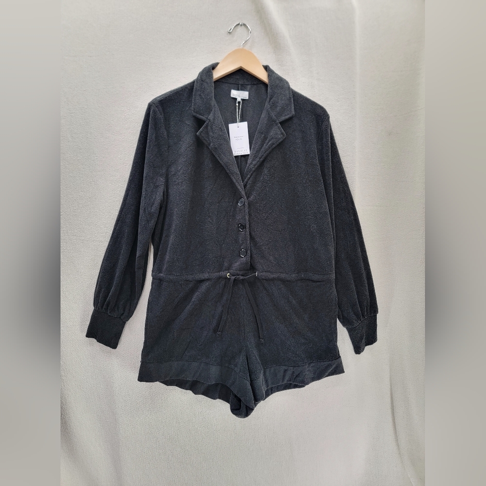 NWT Danielle Bernstein Towel Terry Black Knit Romper $89 Long Sleeve Size- M
